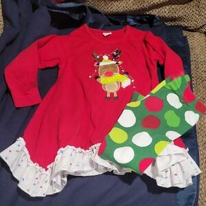Festive Red Dress with Reindeer and Polka Dot Leggings